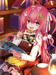 Rule 34 | 1girl, :d, animal hair ornament, antenna hair, apron, beatmania, beatmania iidx, belt, black thighhighs, book, bookshelf, bow, brown belt, brown dress, brown ribbon, cape, creep (beatmania iidx), cup, dress, drink, fang, fire, frilled apron, frilled dress, frills, garter straps, goggles, goggles around neck, hair between eyes, hair ornament, hair ribbon, hand up, holding, holding cup, kredorf, lantern, light particles, long hair, long sleeves, looking at viewer, one side up, open mouth, pinafore dress, pink hair, pom pom (clothes), puffy long sleeves, puffy sleeves, rabbit hair ornament, red eyes, ribbon, saucer, shirt, sitting, skin fang, sleeve ribbon, sleeveless, sleeveless dress, smile, solo, star (symbol), star hair ornament, striped ribbon, table, tea, teacup, thighhighs, v-shaped eyebrows, very long hair, waist apron, white cape, white ribbon, white shirt, wooden chair, wooden table, yellow apron, yellow bow, yellow ribbon, zettai ryouiki