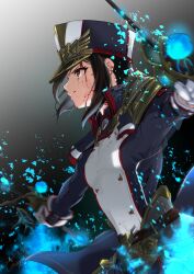 Rule 34 | 1girl, black hair, black hat, black jacket, blood, blood on face, breasts, closed mouth, commentary request, dated, dual wielding, from side, gloves, gradient background, grey background, hat, highres, holding, holding sword, holding weapon, jacket, long hair, long sleeves, morag ladair (xenoblade), nayuta-kanata, peaked cap, profile, red eyes, signature, small breasts, solo, sword, v-shaped eyebrows, weapon, white gloves, xenoblade chronicles (series), xenoblade chronicles 2