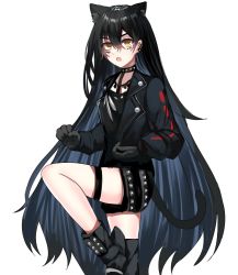 Rule 34 | 1girl, animal ears, arknights, bare legs, black choker, black footwear, black hair, black jacket, black shirt, blue sealad, boots, cat ears, choker, commentary, dagda (arknights), highres, jacket, long hair, long sleeves, open clothes, open jacket, shirt, simple background, solo, standing, standing on one leg, thigh strap, thighs, very long hair, white background, yellow eyes