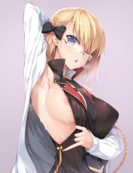 Rule 34 | 1girl, areola slip, arm up, armpits, azur lane, bare shoulders, blonde hair, blue eyes, blush, bow, breasts, cum, cum on armpit, cum on armpits, cum on body, glasses, hair bow, large breasts, looking at viewer, nakano sora, one eye closed, open mouth, short hair, sideboob, solo, z23 (azur lane), z23 (philosophy sensei) (azur lane)