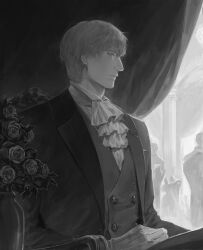 Rule 34 | 1boy, absurdres, ascot, axis powers hetalia, buttons, closed mouth, curtains, double-breasted, flower, formal, gloves, greyscale, highres, jacket, looking away, male focus, monochrome, profile, rose, russia (hetalia), short hair, solo focus, uka402, upper body, vase, vest