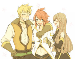 Rule 34 | 00s, 1girl, 2boys, bad id, bad pixiv id, blonde hair, brown hair, choker, gloves, green eyes, grin, guy cecil, hand on own hip, hip focus, long hair, luke fon fabre, multiple boys, red hair, smile, tales of (series), tales of the abyss, tear grants