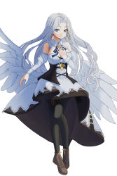 Rule 34 | 1girl, absurdres, azur lane, bare shoulders, black dress, black pantyhose, blue eyes, breasts, brown footwear, closed mouth, collar, cross, cross earrings, detached sleeves, dress, earrings, feathered wings, frills, full body, highres, jewelry, large breasts, layered dress, long hair, looking at viewer, mahou gnome, pantyhose, parted bangs, simple background, smile, solo, two-tone dress, white background, white collar, white dress, white hair, white wings, wings, yorktown (azur lane), yorktown ii (azur lane)