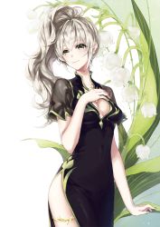Rule 34 | 1girl, black dress, breasts, cleavage, closed mouth, collarbone, covered navel, dress, flower, green eyes, hair between eyes, high ponytail, lily of the valley, long hair, mabinogi, medium breasts, mieux0 0, see-through, short sleeves, side slit, silver hair, smile, solo, standing, thigh strap, very long hair, white background, white flower