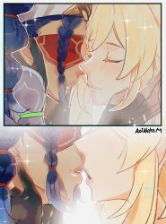 Rule 34 | 2girls, aoiabyss, blindfold, blonde hair, braid, closed eyes, dark-skinned female, dark skin, eyes visible through eyewear, face-to-face, genshin impact, hand on another&#039;s cheek, hand on another&#039;s face, headband, highres, imminent kiss, jeht (genshin impact), lumine (genshin impact), multiple girls, parted lips, purple hair, shiny lips, single braid, smile, twintails, yuri