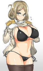 Rule 34 | 10s, 1girl, black bra, black panties, blonde hair, blush, bra, breasts, cleavage, clothes lift, clothes pull, curvy, epaulettes, futoshi (suraimu), glasses, gloves, gradient background, green eyes, huge breasts, kantai collection, katori (kancolle), looking at viewer, navel, no pants, panties, pantyhose, pantyhose pull, shiny skin, shirt lift, side-tie panties, sketch, smile, solo, standing, underwear, wide hips