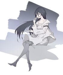 1girl black_hair cdlo dress food grey_dress grey_jacket hair_between_eyes highres holding holding_food jacket lamia_(pgr) long_hair long_sleeves mechanical_legs open_mouth punishing:_gray_raven red_eyes sidelocks