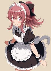 Rule 34 | absurdres, ahoge, apron, back bow, black bow, black dress, blush, bow, bowtie, brown background, commentary request, dress, frilled apron, frilled skirt, frills, hair between eyes, hair bow, hair flaps, highres, idolmaster, idolmaster shiny colors, komiya kaho, long hair, looking at viewer, maid apron, maid headdress, ponytail, puffy short sleeves, puffy sleeves, red eyes, red hair, ryoga kk, short sleeves, sidelocks, skirt, smile, white apron, white bow, white bowtie, wrist cuffs