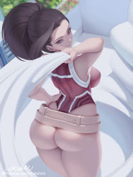 Rule 34 | 1girl, artist name, ass, back, bare shoulders, belt, black eyes, black hair, boku no hero academia, breasts, butt crack, carrying, carrying over shoulder, closed mouth, cloth, from behind, half-closed eyes, hand on own hip, high ponytail, hip focus, holding, huge ass, leotard, letdie1414, long hair, looking at viewer, looking back, medium breasts, over shoulder, patreon logo, patreon username, red leotard, sideboob, signature, smile, solo, standing, thick thighs, thighs, utility belt, wide hips, yaoyorozu momo