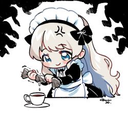 Rule 34 | 1girl, anger vein, apron, black bow, black dress, blue eyes, blush stickers, bow, brown hair, chibi, closed mouth, copyright request, cup, dress, juliet sleeves, long hair, long sleeves, maid, maid headdress, puffy sleeves, sakura chiyo (konachi000), saucer, signature, smile, solo, teacup, trembling, very long hair, virtual youtuber, white apron, white background, wringing