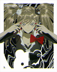 Rule 34 | 1girl, bear, bear hair ornament, black background, black bra, black jacket, black necktie, black sleeves, blonde hair, blue eyes, border, bow, bowtie, bra, breasts, cleavage, closed mouth, collared shirt, commentary, danganronpa: trigger happy havoc, danganronpa (series), english commentary, enoshima junko, eyelashes, eyelid pull, hair ornament, highres, jacket, large breasts, long hair, long sleeves, looking at viewer, monokuma, nail polish, necktie, outside border, red bow, red bowtie, red nails, shirt, simple background, sleeves past elbows, smile, solo, straight-on, twintails, twitter username, two-tone necktie, underwear, upper body, very fruity, white border, white necktie, white shirt