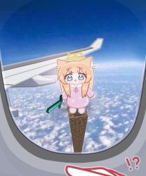 !? 1girl 1other :d absurdres airplane_interior animal_ear_fluff animal_ears black_ribbon blue_archive blue_eyes blue_sky blush cat_ears cloud collared_dress day dress halo highres holding holding_sword holding_weapon horuhara long_hair long_sleeves mari_(blue_archive) minecraft minecraft_sword neck_ribbon open_mouth orange_hair photo_background pink_dress pink_slippers polka_dot polka_dot_dress ribbon sky slippers smile solo_focus sword very_long_hair weapon window