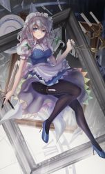 Rule 34 | 1girl, apron, black pantyhose, blue eyes, braid, breasts, candlestand, commentary request, fork, hair between eyes, hair ribbon, high heels, highres, holding, holding knife, holster, izayoi sakuya, knife, large breasts, maid, maid apron, maid headdress, namiki (remiter00), pantyhose, plate, pocket watch, puffy short sleeves, puffy sleeves, rainbow gradient, ribbon, roman numeral, short sleeves, silver hair, smile, solo, thigh holster, thighband pantyhose, touhou, tress ribbon, twin braids, unconnected marketeers, watch