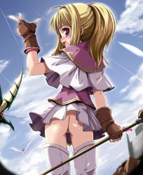Rule 34 | 1girl, :d, ass, blonde hair, blue sky, blush, clarine, cleft of venus, cloud, day, fang, fingerless gloves, fire emblem, fire emblem: the binding blade, from behind, gloves, haga yui, looking back, nintendo, no panties, open mouth, partially visible vulva, pussy, skirt, sky, smile, solo, source request, staff, standing, thigh gap, thighhighs, thighs, uncensored, weapon, zettai ryouiki
