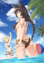 Rule 34 | 2girls, :d, ^ ^, adjusting clothes, adjusting swimsuit, animal ears, ass, back, ball, beach, beachball, bikini, black bikini, black hair, blonde hair, blue sky, blush, braid, breasts, butt crack, closed eyes, day, djeeta (granblue fantasy), djeeta (summer) (granblue fantasy), erune, granblue fantasy, highres, large breasts, long braid, long hair, looking at viewer, looking back, microskirt, multiple girls, navel, nier (granblue fantasy), nier (lover by the lily lake) (granblue fantasy), ocean, one-piece swimsuit, open mouth, outdoors, parted lips, red eyes, short hair, sideboob, single braid, skirt, sky, smile, swimsuit, terry (pixiv3274443), thighs, wading, white one-piece swimsuit