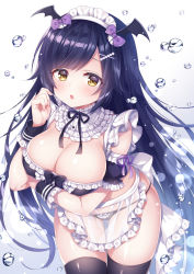 Rule 34 | 1girl, :o, apron, bat hair ornament, beads, bikini, black bow, black ribbon, black thighhighs, blue hair, blush, bow, bow bikini, breast hold, breasts, buttons, cleavage, commentary request, cowboy shot, dark blue hair, detached collar, detached sleeves, fang, fingernails, floating hair, frilled apron, frilled bikini, frilled sleeves, frills, gradient background, hair bow, hair ornament, hairclip, hand up, head wings, large breasts, leaning forward, long hair, looking at viewer, maid, maid bikini, maid headdress, mitsuba choco, neck ribbon, original, parted bangs, puffy detached sleeves, puffy sleeves, purple bow, purple ribbon, ribbon, see-through, shiny skin, sidelocks, skindentation, solo, standing, swimsuit, thigh gap, thighhighs, unconventional maid, very long hair, waist apron, water drop, white apron, white background, wings, wrist cuffs, yellow eyes