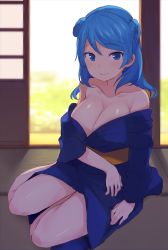 Rule 34 | 10s, 1girl, architecture, bare shoulders, blue eyes, blue hair, blue kimono, blush, breasts, cleavage, closed mouth, collarbone, doorway, double bun, east asian architecture, highres, indoors, japanese clothes, kantai collection, kimono, kneeling, large breasts, long hair, long sleeves, looking at viewer, obi, off shoulder, sash, senbei (senbe i), sitting, smile, solo, urakaze (kancolle), wide sleeves, wooden floor