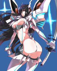Rule 34 | 10s, 1girl, absurdres, ass, bakuzan, black hair, blue background, breasts, elbow gloves, eyebrows, frown, gloves, green eyes, highres, junketsu, katana, kill la kill, kiryuuin satsuki, large breasts, long hair, looking at viewer, makai, revealing clothes, solo, sword, thighhighs, thong, weapon, white gloves, white thighhighs