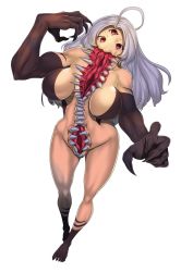Rule 34 | 1girl, ahoge, barefoot, breasts, breasts apart, claws, colored skin, commentary request, elbow gloves, fingernails, foreshortening, full body, gloves, grey hair, highres, horror (theme), huge breasts, long hair, looking at viewer, monster, multicolored skin, muscular, muscular female, nude, original, red eyes, sharp fingernails, sharp teeth, simple background, solo, standing, teeth, third eye, two-tone skin, white background, yui sora