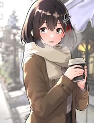 Rule 34 | 1girl, alternate costume, black eyes, black hair, black skirt, blurry, blurry background, blush, brown coat, coat, coffee cup, cup, day, disposable cup, fringe trim, furaggu (frag 0416), haguro (kancolle), hair ornament, highres, holding, holding cup, kantai collection, long sleeves, open clothes, open coat, open mouth, outdoors, scarf, shirt, short hair, skirt, smile, solo, white scarf, white shirt
