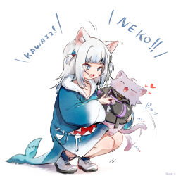 Rule 34 | 1girl, animal costume, animal ears, belly rub, black hoodie, blue eyes, blue hair, blue hoodie, cat, cat ears, fang, fins, fish tail, gawr gura, gawr gura (1st costume), heart, highres, hololive, hololive english, hood, hoodie, ikayaki (ikayaki4), multicolored hair, nekomata okayu (cat), shark costume, shark tail, squatting, streaked hair, tail, tail wagging, virtual youtuber, white background, white hair