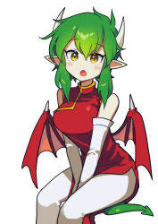 Rule 34 | 1girl, absurdres, bare shoulders, between legs, breasts, china dress, chinese clothes, draco centauros, dragon girl, dragon horns, dragon tail, dragon wings, dress, fang, green hair, hand between legs, highres, horns, large breasts, looking at viewer, madou monogatari, offbeat, open mouth, pants, puyopuyo, red dress, red wings, short hair, sidelocks, simple background, sitting, solo, tail, v arms, white background, white pants, wings, yellow eyes