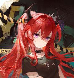 Rule 34 | 1girl, arknights, baitao seven, black shirt, chinese commentary, commentary request, cross, cross necklace, crown, hair between eyes, hair intakes, highres, horns, jewelry, long hair, looking at viewer, mini crown, necklace, official alternate costume, purple eyes, red hair, ring, shirt, short sleeves, solo, surtr (arknights), surtr (liberte echec) (arknights), upper body