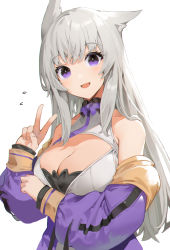 Rule 34 | 1girl, akizone, animal ears, bare shoulders, breasts, choker, cleavage, commentary, dress, english commentary, flying sweatdrops, highres, jacket, large breasts, light blush, long hair, long sleeves, looking at viewer, mixed-language commentary, open mouth, original, puffy long sleeves, puffy sleeves, purple eyes, purple jacket, purple ribbon, ribbon, ribbon choker, silver hair, simple background, sleeveless, sleeveless dress, smile, solo, v, white background, white dress