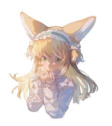 Rule 34 | 1girl, animal ears, arknights, blonde hair, cardigan, commentary, cropped torso, fox ears, fox girl, frilled hairband, frills, green eyes, green hairband, hairband, hands up, highres, long hair, long sleeves, looking at viewer, official alternate costume, parted lips, puffy long sleeves, puffy sleeves, rocco, simple background, solo, suzuran (arknights), symbol-only commentary, white background, white cardigan