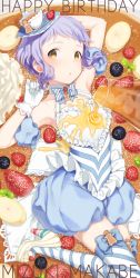 Rule 34 | 10s, 1girl, arm behind head, armband, arms up, banana, banana slice, bare shoulders, blueberry, bow, character name, choker, cup, detached sleeves, earrings, food, food on clothes, frills, fruit, gingerbread man, gloves, twirling hair, happy birthday, hat, high heels, idolmaster, idolmaster million live!, jewelry, leg ribbon, looking at viewer, lying, makabe mizuki, mimizubare, on back, pancake, pouring, puffy detached sleeves, puffy sleeves, pumpkin pants, purple hair, ribbon, short hair, solo, strawberry, striped clothes, striped thighhighs, syrup, teacup, thigh ribbon, thighhighs, white gloves, yellow eyes