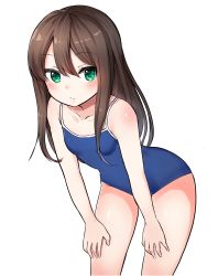 Rule 34 | 10s, 1girl, blush, breasts, brown hair, competition school swimsuit, green eyes, highres, idolmaster, idolmaster cinderella girls, leaning forward, long hair, looking at viewer, memume, one-piece swimsuit, school swimsuit, shibuya rin, small breasts, solo, swimsuit, white background