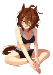 Rule 34 | 1girl, agnes tachyon (umamusume), ahoge, alternate costume, animal ears, bare shoulders, barefoot, bike shorts, black sports bra, blush, breasts, brown hair, character name, chemical structure, cleavage, commentary request, earrings, emil1030 blue, feet, highres, holding own foot, horse ears, horse girl, horse tail, jewelry, looking at viewer, medium breasts, messy hair, midriff, navel, red eyes, short hair, simple background, single earring, smile, solo, sports bra, tail, twitter username, umamusume, white background