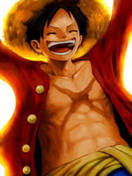 Rule 34 | 1boy, abs, black hair, closed eyes, collarbone, commentary request, facial scar, hat, highres, male focus, monkey d. luffy, one piece, open clothes, open mouth, open shirt, red shirt, sash, scar, scar on cheek, scar on chest, scar on face, shirt, short hair, smile, solo, straw hat, taka29taka, teeth