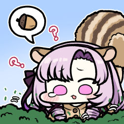 Rule 34 | 1girl, ?, acorn, animal ears, blue sky, brown shirt, bush, chibi, commentary request, drill hair, forehead, hair ornament, hair ribbon, hyakumantenbara salome, jazz jack, lowres, nijisanji, open mouth, outdoors, parted bangs, pink eyes, pink hair, purple ribbon, ribbon, searching, shirt, sky, solid circle eyes, solo, speech bubble, squirrel ears, squirrel girl, squirrel tail, tail, tears, twin drills, virtual youtuber