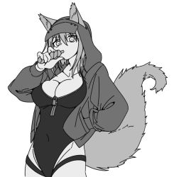 Rule 34 | 1girl, animal ears, arknights, breasts, cleavage, covered navel, hood, hooded jacket, jacket, monochrome, noiimad, one-piece swimsuit, projekt red (arknights), projekt red (light breeze) (arknights), solo, source request, swimsuit, tail, wolf ears, wolf girl, wolf tail