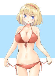 Rule 34 | 1girl, alice margatroid, arnest, bikini, blonde hair, blue background, blue eyes, blush, breasts, cleavage, collarbone, front-tie top, groin, hairband, halterneck, large breasts, looking to the side, lowleg, lowleg bikini, navel, open mouth, red bikini, red hairband, short hair, side-tie bikini bottom, solo, swimsuit, thighs, touhou, white background