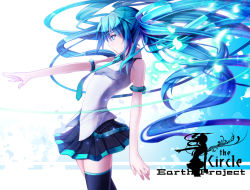 Rule 34 | 1girl, armlet, blue eyes, blue hair, female focus, hatsune miku, long hair, matching hair/eyes, necktie, outstretched arm, outstretched hand, profile, reaching, skirt, solo, thighhighs, twintails, very long hair, vocaloid, yuuki kira