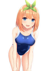 Rule 34 | 1girl, absurdres, blue eyes, blue one-piece swimsuit, competition swimsuit, cowboy shot, go-toubun no hanayome, hairband, highres, inanaki shiki, leaning forward, looking at viewer, nakano yotsuba, one-piece swimsuit, orange hair, short hair, simple background, smile, solo, swimsuit, white background