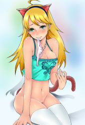Rule 34 | 00s, 1girl, animal ears, blonde hair, blush, bottomless, breasts, cleavage, covered erect nipples, green eyes, highres, holding, holding clothes, holding panties, holding underwear, hoshii miki, idolmaster, idolmaster (classic), idolmaster 1, large breasts, long hair, mouth hold, nakasone haiji, navel, no panties, panties, panties in mouth, unworn panties, pussy, sitting, solo, tail, thighhighs, uncensored, underwear, white thighhighs