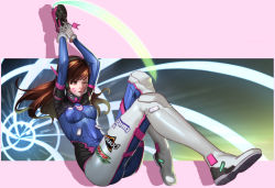 Rule 34 | 1girl, absurdres, animal print, armor, arms up, ass, bodysuit, boots, bracer, breasts, brown eyes, brown hair, censored, charm (object), d.va (overwatch), dog hate burger, emblem, facepaint, facial mark, gloves, gun, headphones, high collar, highres, holding, holding gun, holding weapon, lips, logo, long hair, long sleeves, medium breasts, one eye closed, overwatch, overwatch 1, pauldrons, pilot suit, pink lips, rabbit print, ribbed bodysuit, shoulder armor, shoulder pads, skin tight, smile, solo, swept bangs, thigh boots, thigh strap, thighhighs, turtleneck, weapon, whisker markings, white footwear, white gloves, white thighhighs