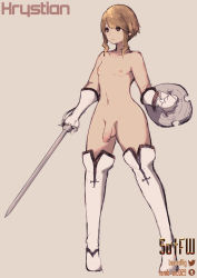 Rule 34 | 1boy, blonde hair, boots, bottomless, brown eyes, full body, gloves, knee boots, lamb-oic029, male focus, nipples, penis, shield, short hair, short hair with long locks, solo, sword, testicles, topless male, trap, weapon