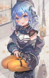 Rule 34 | 1girl, absurdres, bad id, bad pixiv id, bag, black footwear, black hat, black jacket, black skirt, blue eyes, blue hair, blue ribbon, blush, breasts, coffee, collared shirt, commentary, cup, dodota, drinking straw, earrings, full body, hair between eyes, hat, highres, holding, holding cup, hololive, hoshimachi suisei, hoshimachi suisei (streetwear), huge filesize, jacket, jewelry, lace, lace-trimmed shirt, lace trim, light blue hair, light rays, long hair, looking at viewer, miniskirt, nail polish, neck ribbon, o-ring, o-ring thigh strap, off shoulder, official alternate costume, open mouth, orange nails, orange pantyhose, pantyhose, partially unzipped, ribbon, shirt, shoes, side ponytail, skirt, sleeveless, sleeveless shirt, small breasts, smile, solo, squatting, star (symbol), star in eye, starbucks, symbol in eye, thigh strap, virtual youtuber