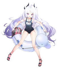 Rule 34 | 1girl, ahoge, bare arms, bare legs, black footwear, blue archive, blue one-piece swimsuit, breasts, commentary request, deatheach, full body, hair ornament, hairclip, highres, hina (blue archive), hina (swimsuit) (blue archive), horns, innertube, long hair, multiple horns, name tag, one-piece swimsuit, open mouth, parted bangs, purple eyes, sandals, silver hair, simple background, sitting, small breasts, solo, sweatdrop, swim ring, swimsuit, very long hair, whistle, whistle around neck, white background