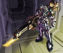 Rule 34 | blue eyes, clenched hand, commentary, english commentary, glowing, glowing eye, gun, gundam, highres, holding, holding gun, holding weapon, looking to the side, mecha, mobile suit, no humans, original, paper bot, robot, solo, standing, weapon