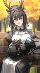 Rule 34 | 1girl, 1other, :d, absurdres, animal ears, antlers, arknights, bench, black dress, black eyes, black gloves, black hair, blush, clenched hands, deer ears, doctor (arknights), dress, gloves, highres, hood, hooded jacket, horn/wood, horns, jacket, juliet sleeves, lap pillow, long hair, long sleeves, looking at viewer, maid, maid headdress, open mouth, outdoors, puffy sleeves, sitting, smile, tsukinogi (arknights), tsukinogi (londinium style miko) (arknights), visor