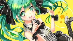 Rule 34 | 1girl, bow, bowtie, green eyes, green hair, hair bow, hatsune miku, heart, highres, kanipanda, looking at viewer, matching hair/eyes, skirt, solo, striped clothes, striped thighhighs, thighhighs, twintails, vertical-striped clothes, vertical-striped thighhighs, vocaloid
