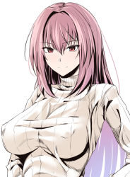 Rule 34 | 1girl, blush, breasts, closed mouth, fate/grand order, fate (series), hair between eyes, large breasts, long hair, long sleeves, looking at viewer, matsunaga garana, purple hair, red eyes, ribbed sweater, scathach (fate), simple background, smile, solo, sweater, turtleneck, turtleneck sweater, upper body