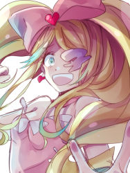 Rule 34 | 10s, 1girl, bad id, bad pixiv id, bare shoulders, blonde hair, blue eyes, bow, dress, drill hair, earrings, eyepatch, hair bow, harime nui, heart, heart-shaped pupils, jewelry, kill la kill, long hair, mizuyu, open mouth, pink bow, smile, solo, strapless, strapless dress, symbol-shaped pupils, twin drills, twintails, white background