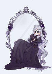 Rule 34 | + +, 1girl, absurdres, arrodes (lord of the mysteries), black dress, black suit, blush, chinese commentary, closed mouth, commentary request, hugging doll, dress, earrings, guowangying, hat, highres, jewelry, klein moretti, long hair, long sleeves, lord of the mysteries, mirror, hugging object, personification, purple eyes, purple hair, simple background, solo, suit, tiara, top hat
