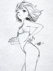 Rule 34 | 1girl, :o, adjusting clothes, adjusting swimsuit, bikini, blush, bob cut, breasts, character request, copyright request, cowboy shot, front-tie bikini top, front-tie top, highres, hiro (dismaless), medium hair, medium request, monochrome, one eye closed, pen (medium), small breasts, swimsuit